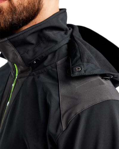 Blaklader 4749 zwart geel softshell werkjas knopen capuchon