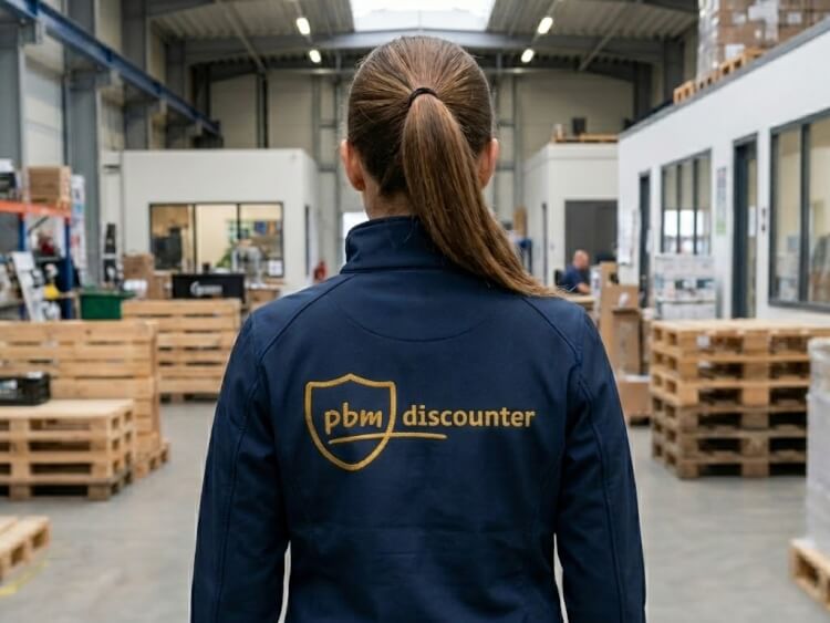 logistieke werknemer met werkjas met PBM discounter logo op rug